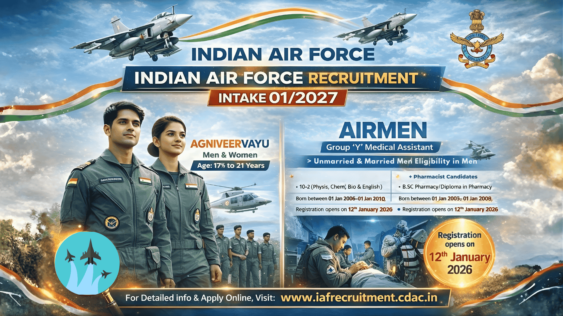 Indian Air Force (IAF) Agniveer Vayu and Airmen Group Y Medical Assistant Intake 01/2027 Recruitment Notification Banner
