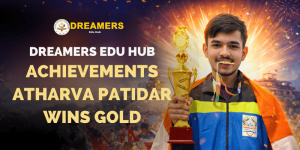 Home Indian Kabaddi athlete Atharva Patidar holding a gold trophy after winning at the IFFAG International Sports Meet in Nepal representing Dreamers Edu Hub.