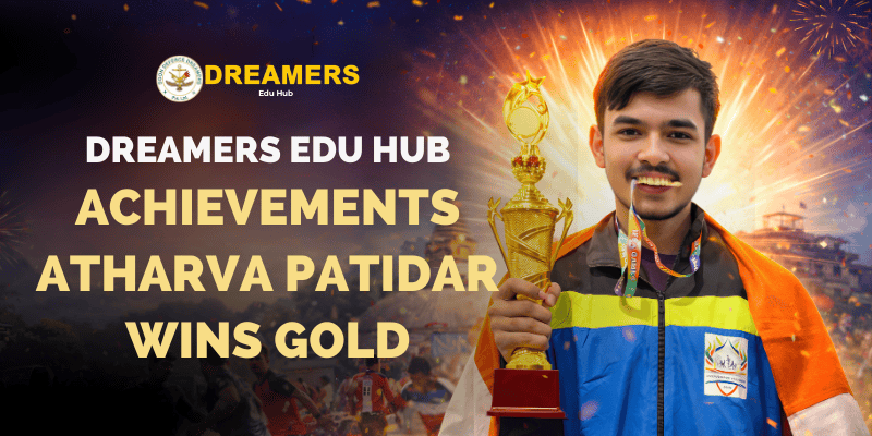 Indian Kabaddi athlete Atharva Patidar holding a gold trophy after winning at the IFFAG International Sports Meet in Nepal representing Dreamers Edu Hub.