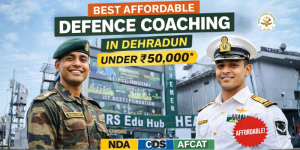 Two defence personnel in army and navy uniforms standing in front of a coaching institute building with text promoting affordable defence coaching in Dehradun under 50,000.