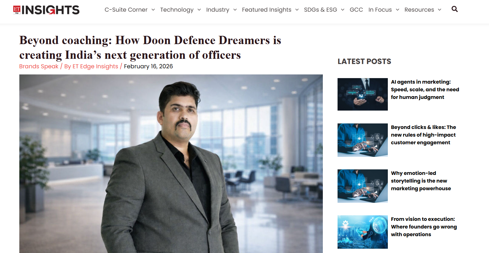 Dreamers Secures No.1 Defence Institute Rank: Times of India Founder of Doon Defence Dreamers standing in a modern office, highlighting India’s leading defence coaching institute for NDA, CDS, and SSB preparation.