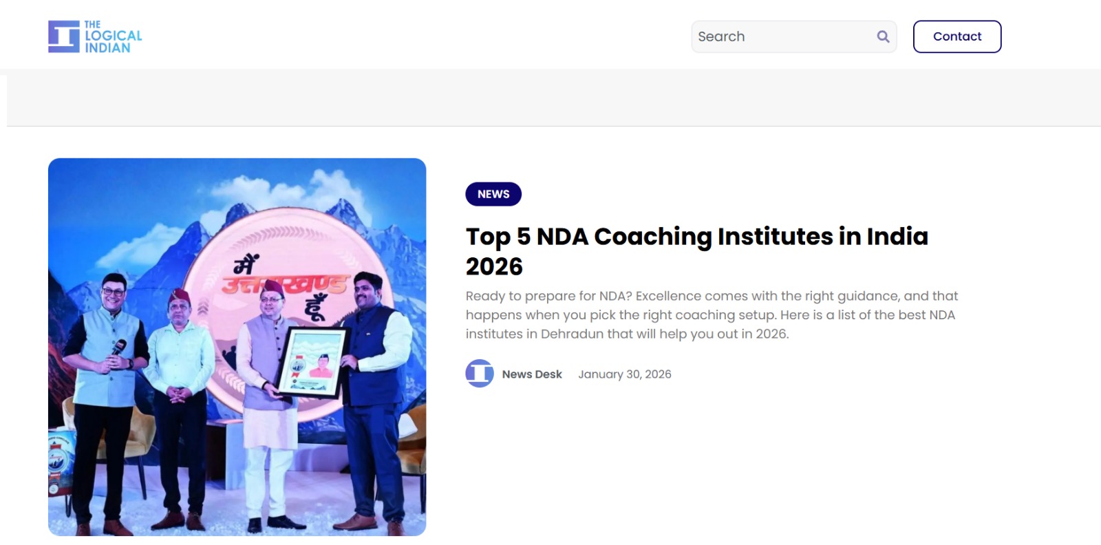 The Logical Indian news article “Top 5 NDA Coaching Institutes in India 2026” featuring Doon Defence Dreamers ranked No.1, with an award ceremony image showing institute representatives on stage.