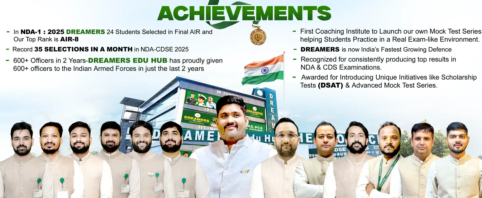 Dreamers Edu Hub NDA CDS coaching achievements with 24 selections and fastest growing defence institute