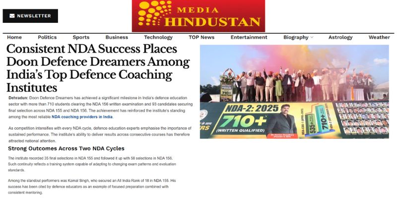 Media Hindustan article titled “Consistent NDA Success Places Doon Defence Dreamers Among India’s Top Defence Coaching Institutes.