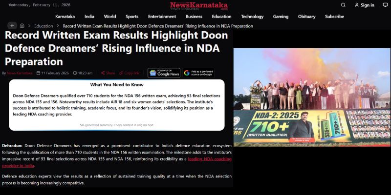 NewsKarnataka article titled “Record Written Exam Results Highlight Doon Defence Dreamers’ Rising Influence in NDA Preparation.
