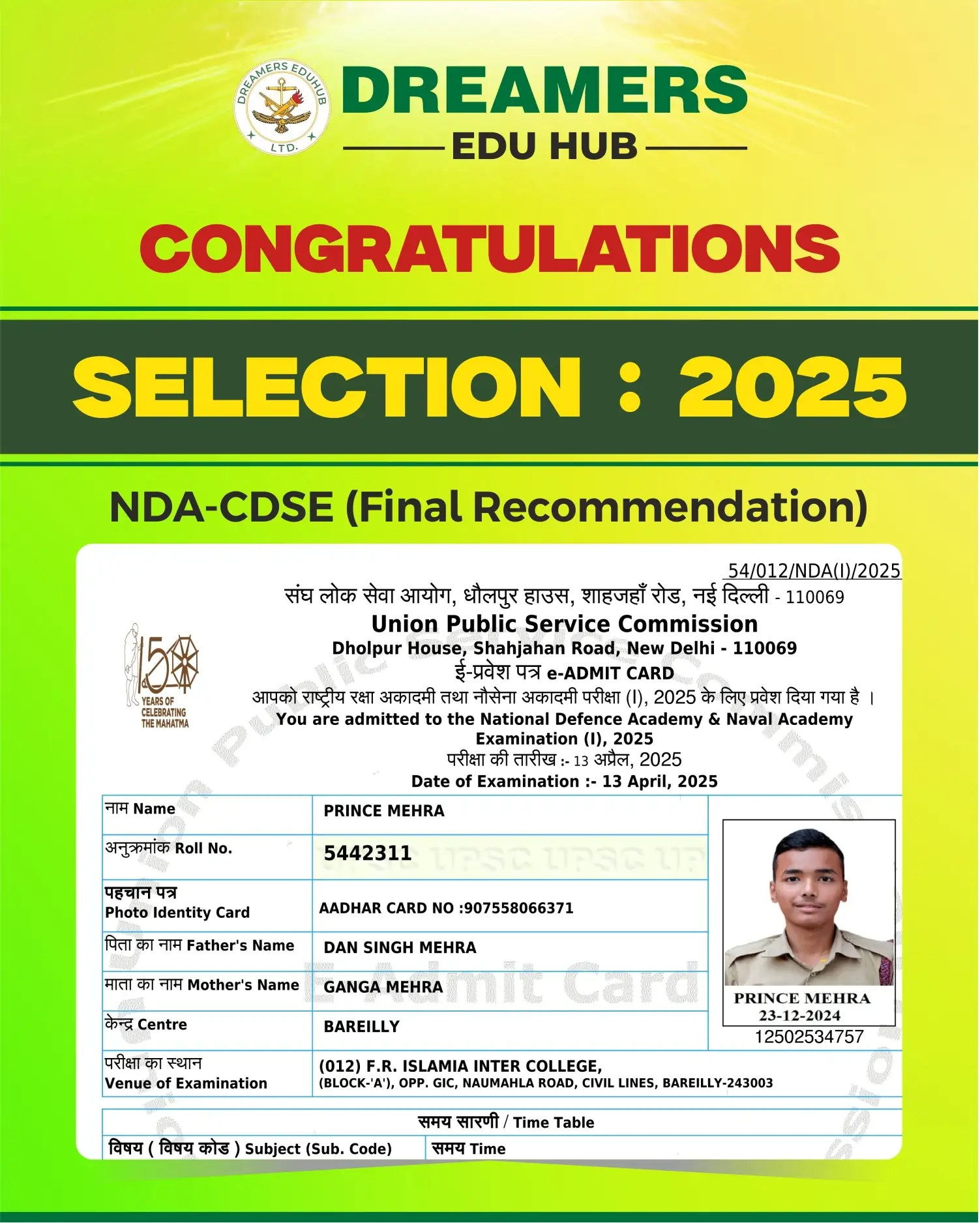 Best NDA Coaching Institute in Dehradun — Syllabus, Fees, Batches Prince Mehra NDA-CDSE 2025 selection announcement.