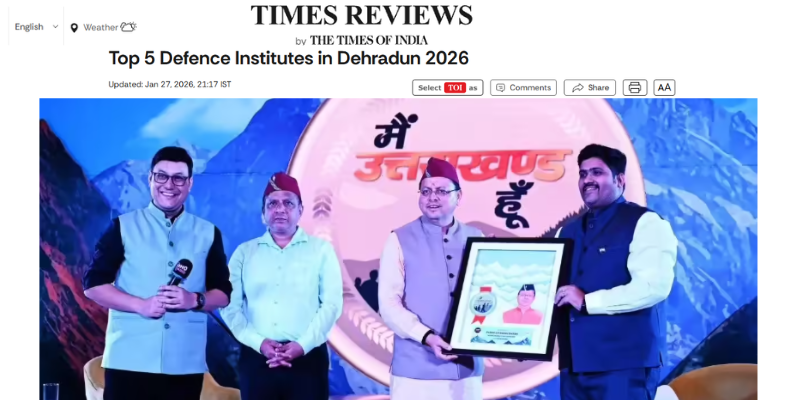 Times of India Times Reviews article “Top 5 Defence Institutes in Dehradun 2026” featuring Doon Defence Dreamers, showing an award ceremony image with institute representatives on stage.