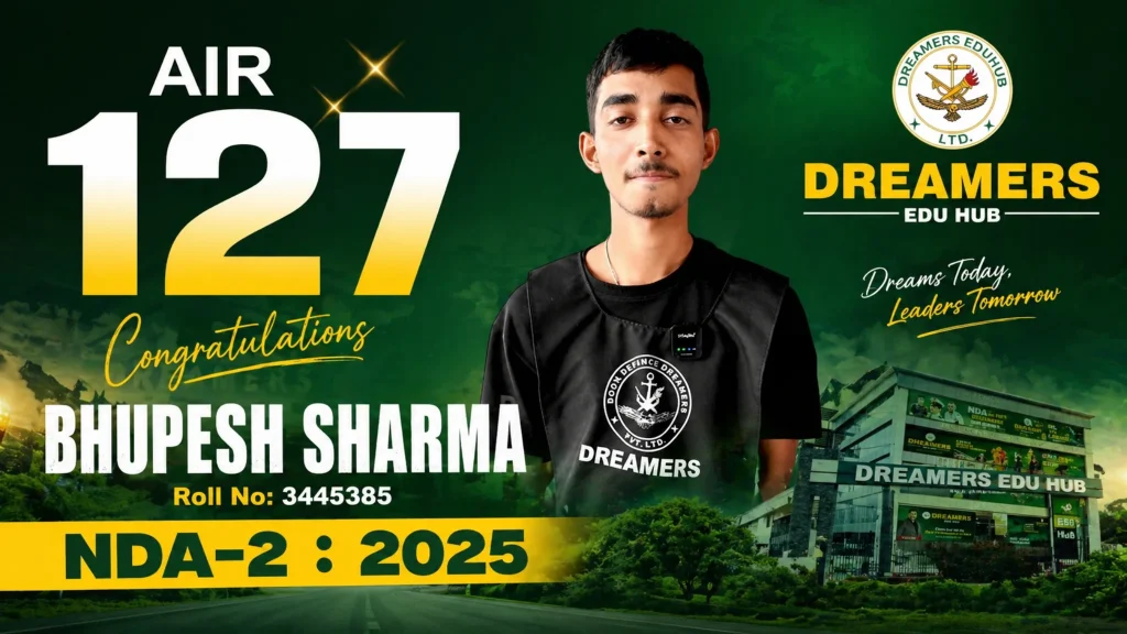 Bhupesh Sharma AIR 127 NDA 2 2025 Dreamers Edu Hub success poster with student portrait and academy background