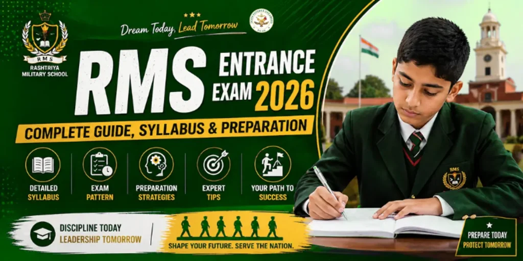 RMS Exam 2026 complete guide banner showing a military school student studying with syllabus, exam pattern, preparation strategies, and expert tips for Rashtriya Military School entrance exam