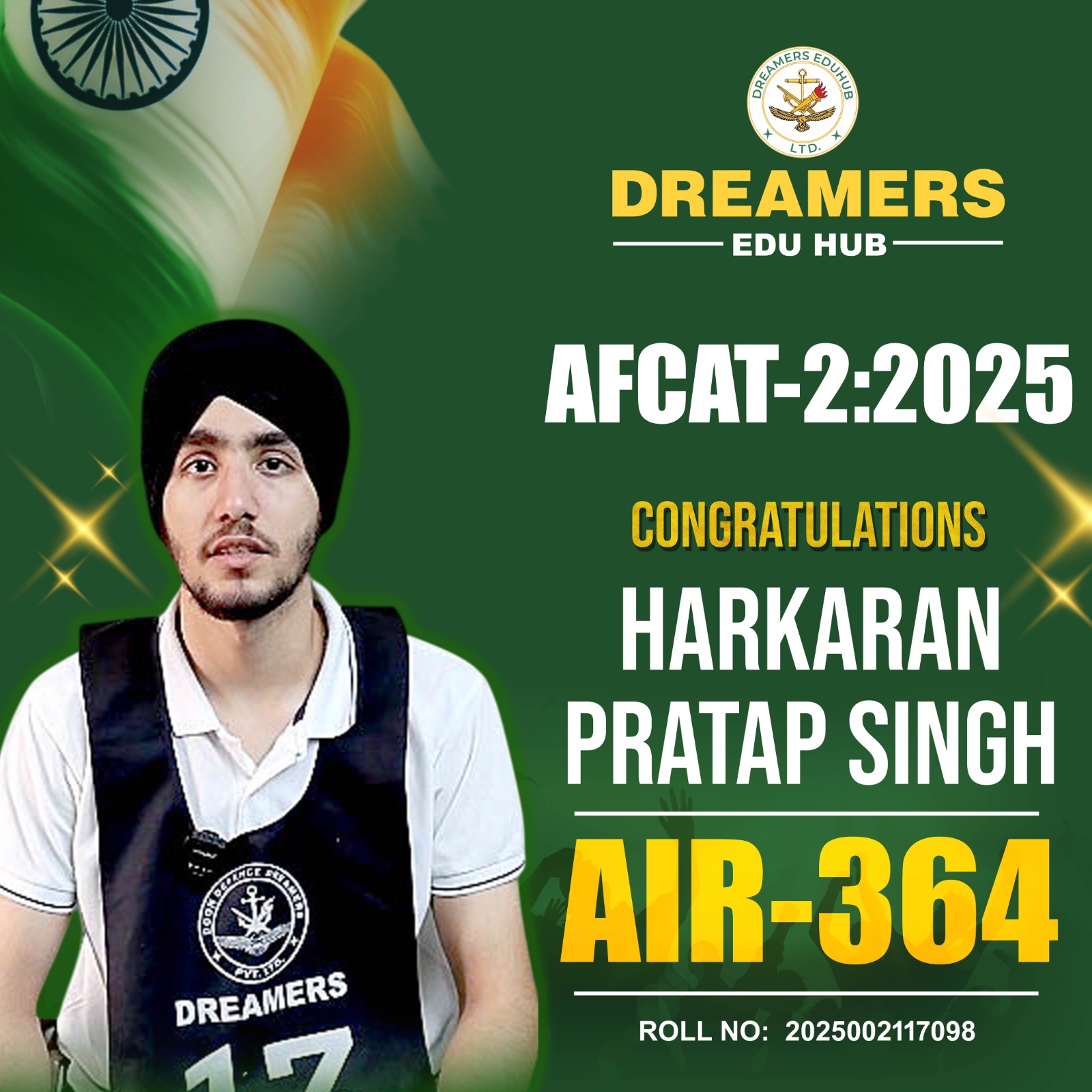 AFCAT 2 2025 Selected Student Harkaran Pratap Singh AIR 364