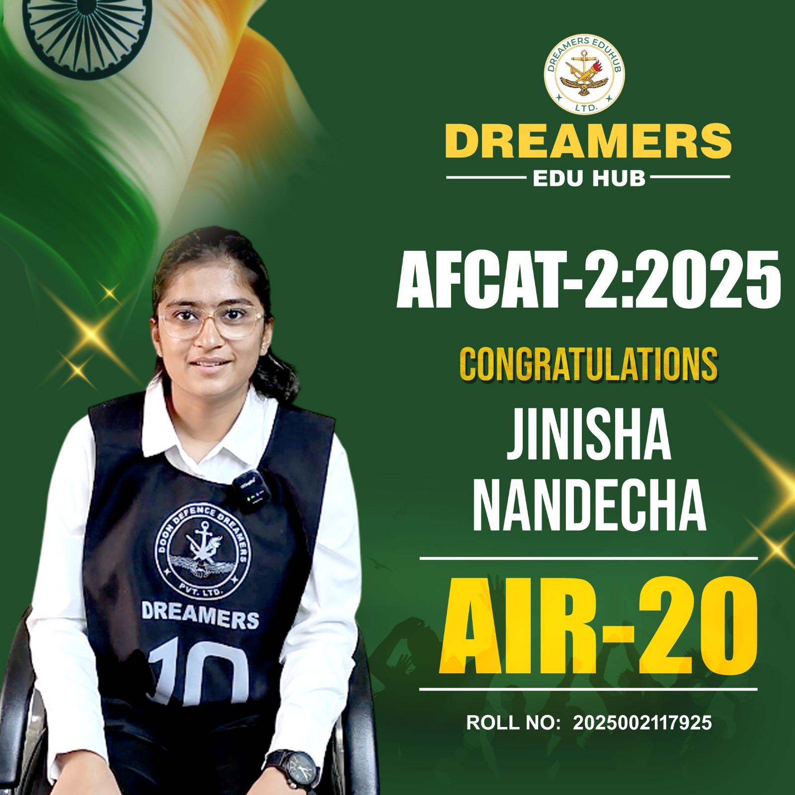 AFCAT 2 2025 Selected Student Jinisha Nandecha AIR 20