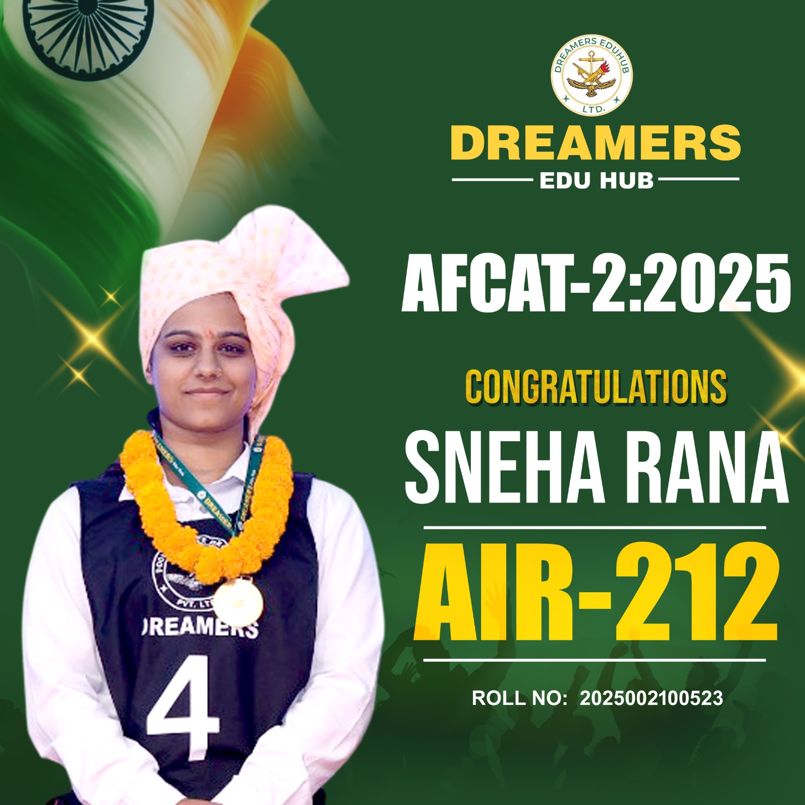 AFCAT 2 2025 Selected Student Sneha Rana AIR 212