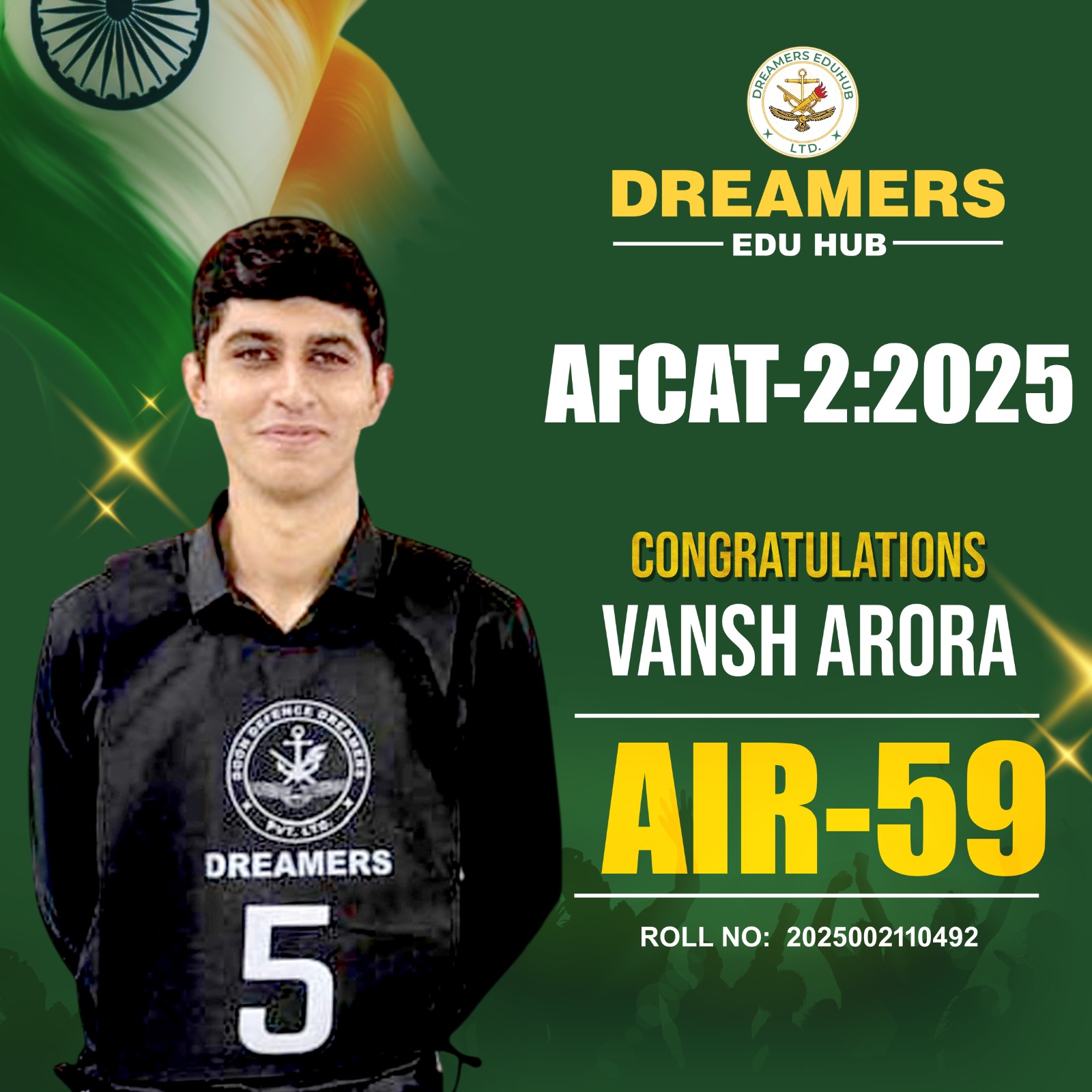 AFCAT 2 2025 Selected Student Vansh Arora AIR 59